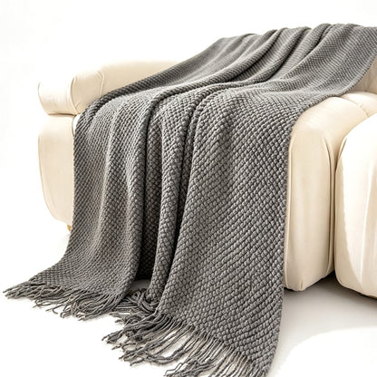 Vintage Knitted Throw Blanket with Tassels-Dark Grey