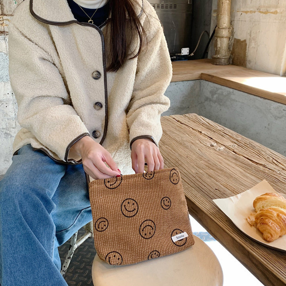 Corduroy Makeup Bag Cute Smile Dots Face Case Handbag with Zipper for Women Brown