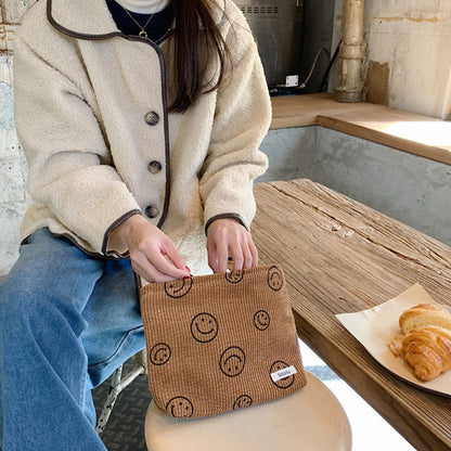Corduroy Makeup Bag Cute Smile Dots Face Case Handbag with Zipper for Women Brown