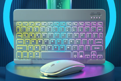 Ultra thin Bluetooth Keyboard and Mouse Combo for iPad Rechargeable RGB Wireless Keyboard Mouse 7-Color Backlit-White