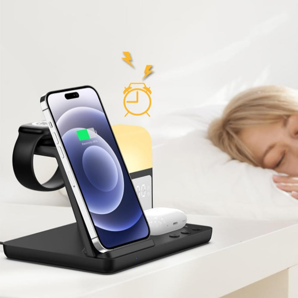 Wireless Charging Station with Alarm Clock Night Light 6-in-1 Charging Dock for Smartphone/Watch/Earbuds