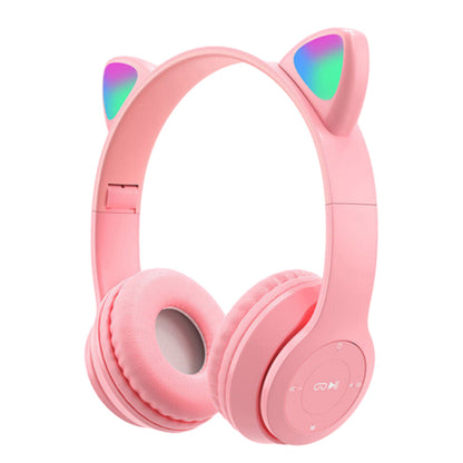 Bluetooth 5.0 Wireless Cat Shape Headphones with RGB Light Foldable Headset Pink