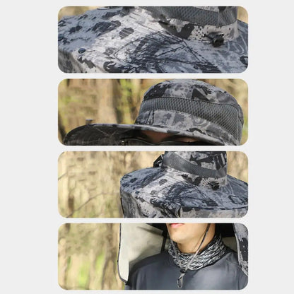 Outdoor Wide Brim Sun Hat with 2 Solar Fan Sun Bucket Hat for Fishing Camping Hiking Patterned Grey
