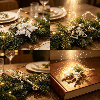 4 Piece Gold Christmas Snowflake Deer Tree and Key Hanging Ornament Set