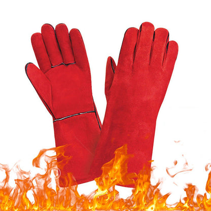 Double Layer Leather Welding Gloves Heat Resistant Fireproof Protective Safety Gloves Red