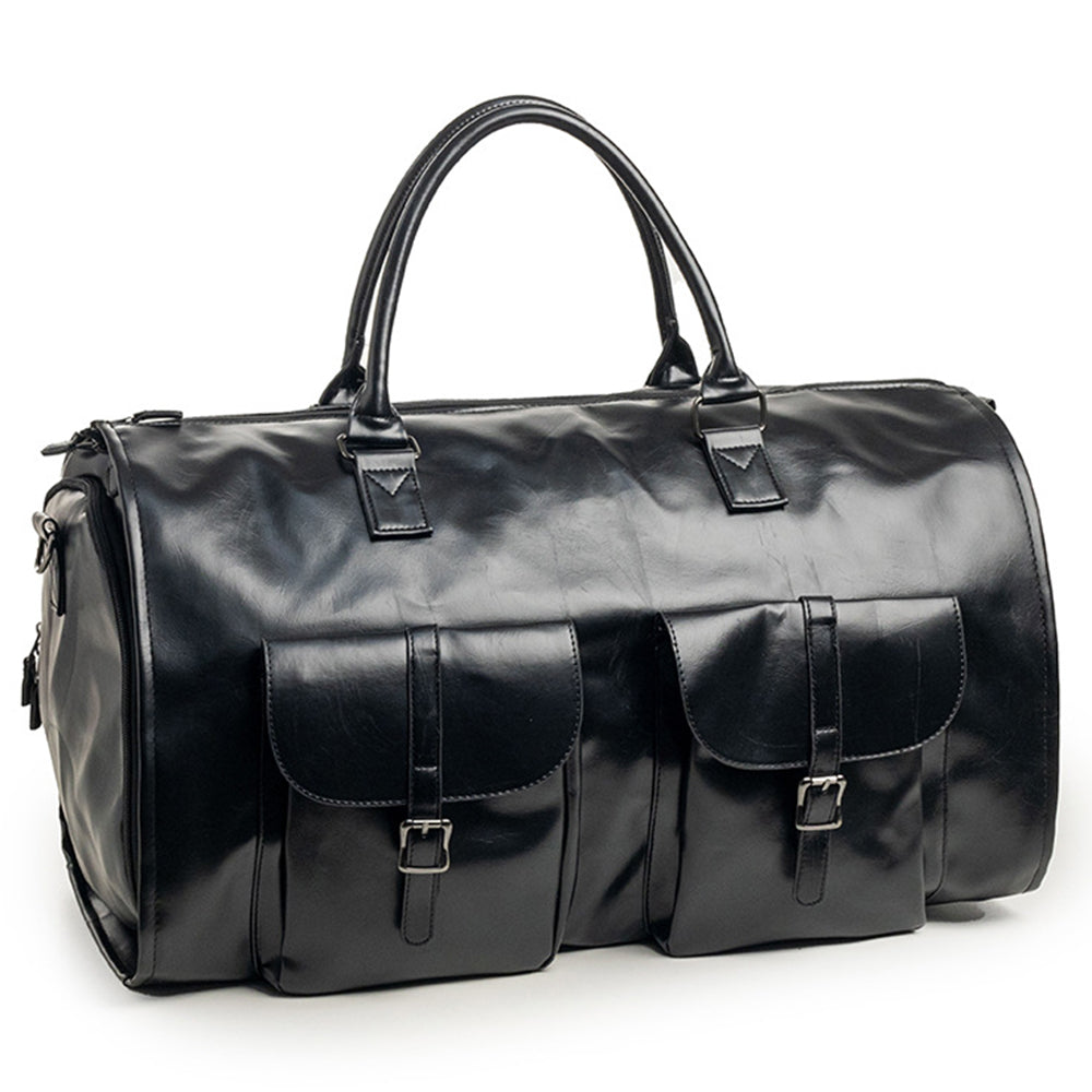 Foldable Carry on Duffel Bag PU Leather Overnight Luggage Bag With Shoes Compartment-Black