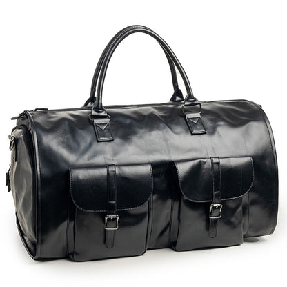 Foldable Carry on Duffel Bag PU Leather Overnight Luggage Bag With Shoes Compartment-Black