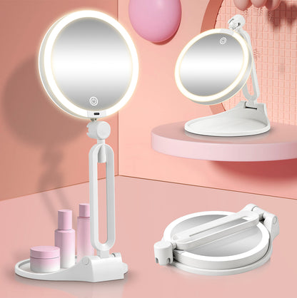 Portable Folding Double Sided LED Magnifying Makeup Mirror - White
