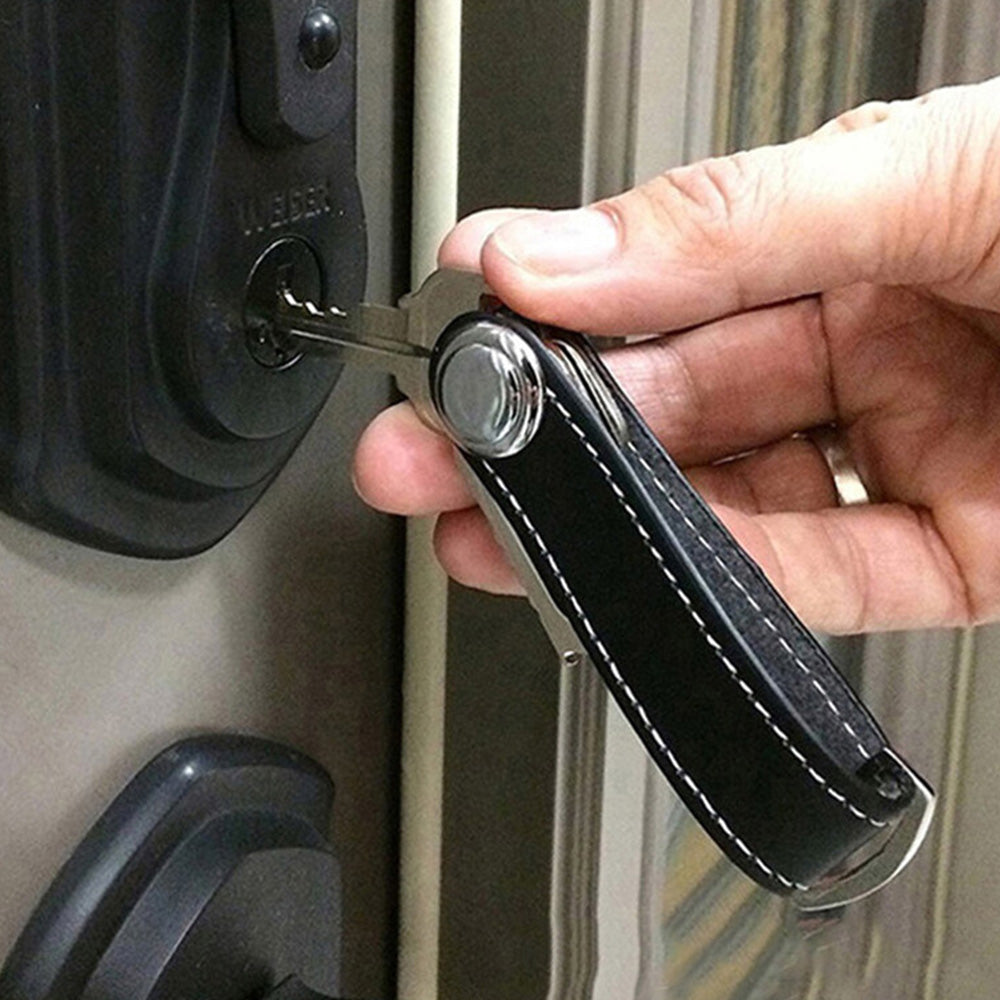 Leather Smart Key Holder Folding Key Organizer Clip Compact Keychain -Black