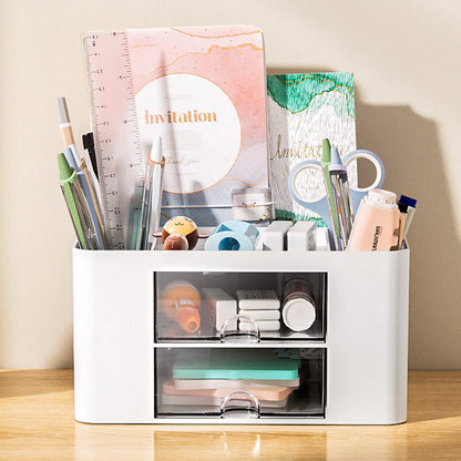 Multi-Functional Pen Organizer with 2 Drawer Office Art Supplies Holder for Desk White