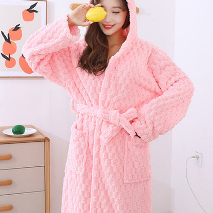 Women Bathrobe Long Winter Warm Wearable Bathrobe Pink