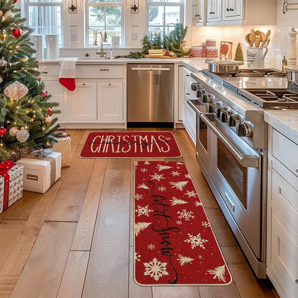 2Pcs Merry Christmas Kitchen Rugs Holiday Print Mats Home Kitchen Decor