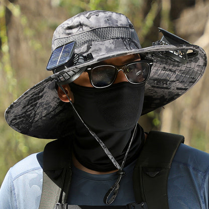 Wide Brim Sun Hat with Fans Solar Power UPF 50+ Bucket Fishing and Beach Hat-Grey