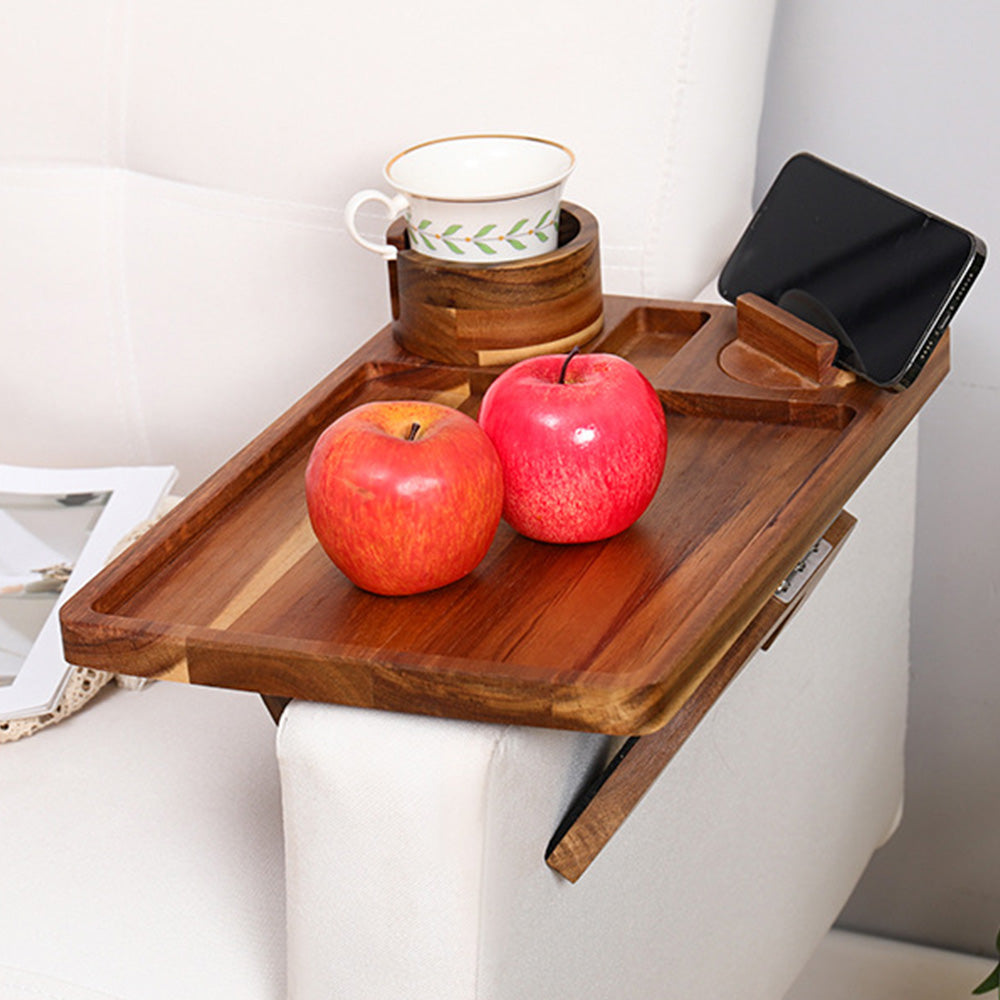 3-in-1 Wood Sofa Arm Tray Snap-on Couch Snack Cup Armrest Table with 360-Degree Rotating Phone Holder