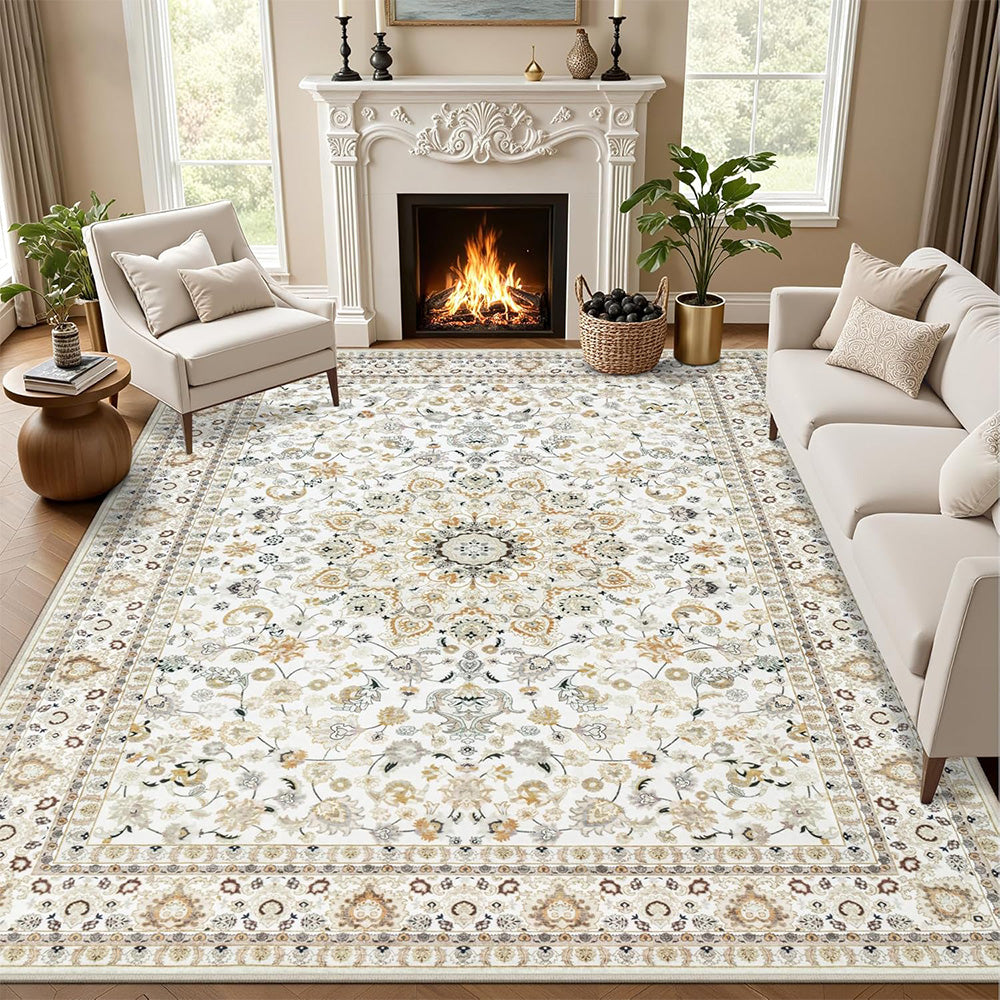 Crystal Velvet Vintage Boho Rug Non-Slip Floor Carpet for Bedroom Dining Room-White