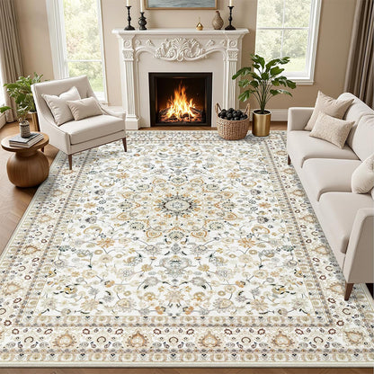 Crystal Velvet Vintage Boho Rug Non-Slip Floor Carpet for Bedroom Dining Room-White