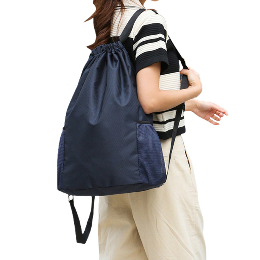 Sports Drawstring Backpack with 2 Pockets Large-Capacity Basketball Bag Dark Blue