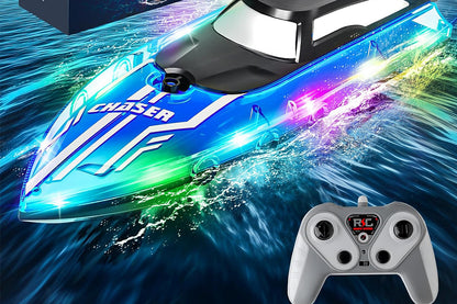 RC Boat for Little Ones with LED Lights 2.4Ghz Remote Control Racing Boats for Ages 6-Blue