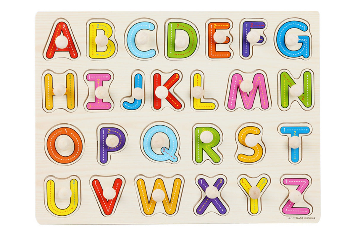 4 Sets Wooden Peg Puzzle for Girls Boys with Alphabet Animal Dinosaur Vehicle