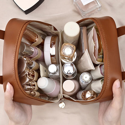 PU Leather Makeup Bag Travel Cosmetic Bag Multi-functional Toiletry Bag Daily Use Brown