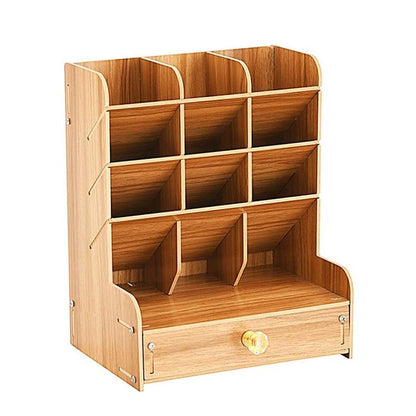 12 Compartment Wooden Desk Organizer with Drawers Art Supplies Storage Desktop Stationary-Khaki