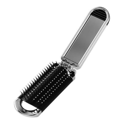 2Pcs Folding Hair Brush with Detachable Makeup Mirror Portable for Travel-Silver