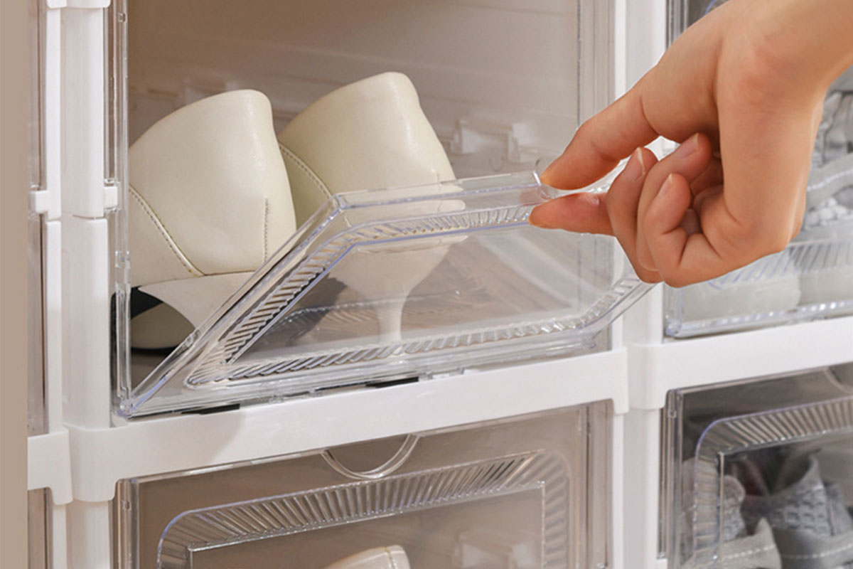 2Pcs 3 Tiers Foldable Stackable Shoe Organizer with Clear Door Plastic Shoe Rack