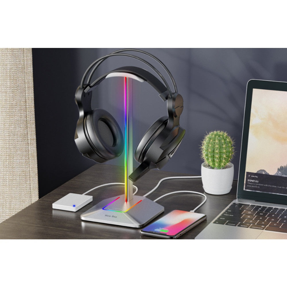 RGB Headphone Stand with Charging Port Desk Gaming Headset Stand with 7 Light Modes for All Earphone Accessories-Silver
