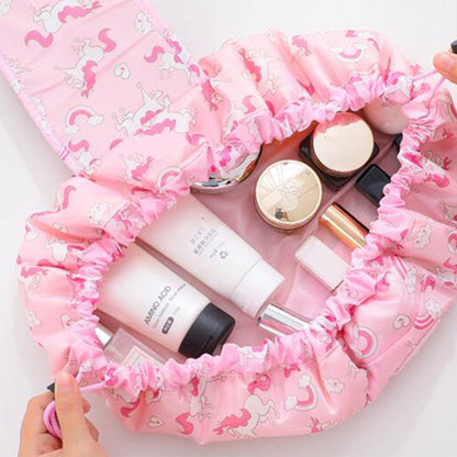 Printed Cosmetic Storage Bag Drawstring Make-Up Travel Bag Makeup Tools Organizer Folding Cosmetic Bag -Pink Unicorn
