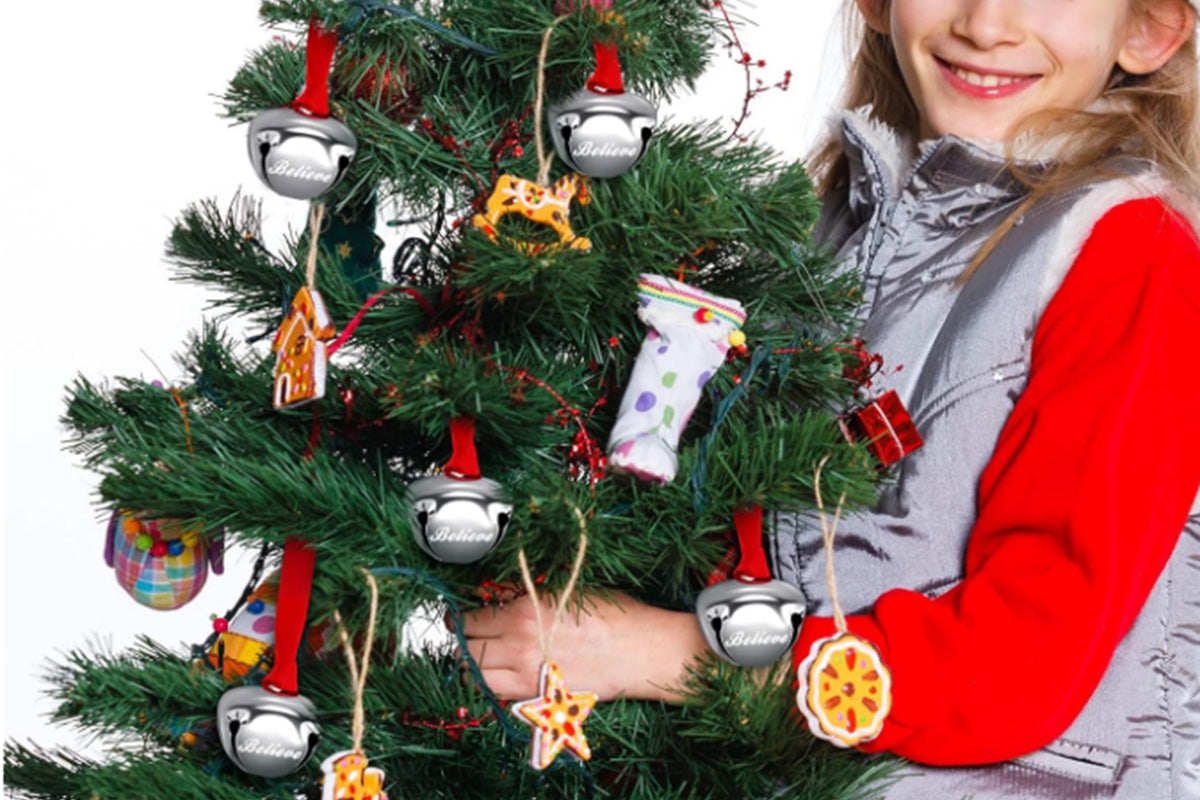 40Pcs Christmas Believe Bell Ornaments Silver Santa Sleigh Bell