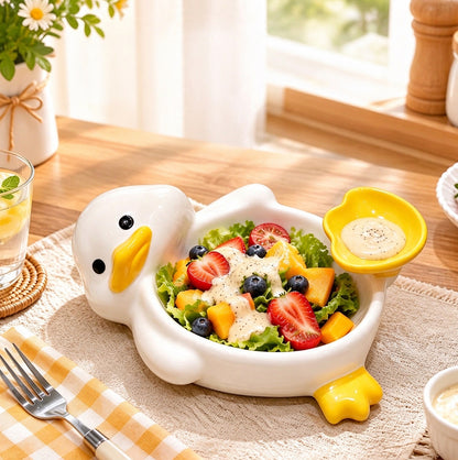 Ceramic Duck Shaped Snack Bowl with Built In Dipping Sauce Compartment