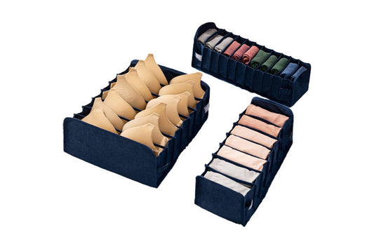 Set of 3 Foldable Drawer Organizer Dividers Cloth Storage Box-Navy blue