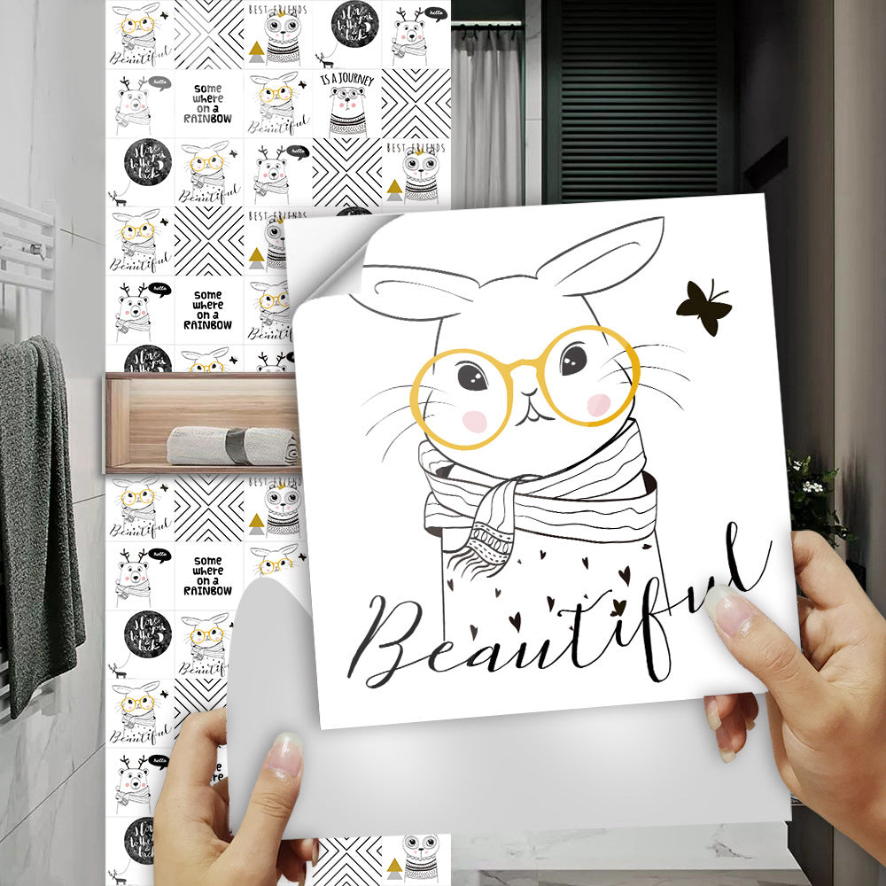 10Pcs Cartoon Animals Words Wall Stickers Water Resistant Wallpaper Removable Decal for Kitchen Bathroom -White