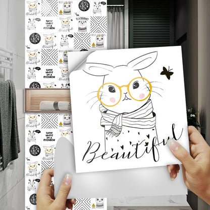 10Pcs Cartoon Animals Words Wall Stickers Water Resistant Wallpaper Removable Decal for Kitchen Bathroom -White