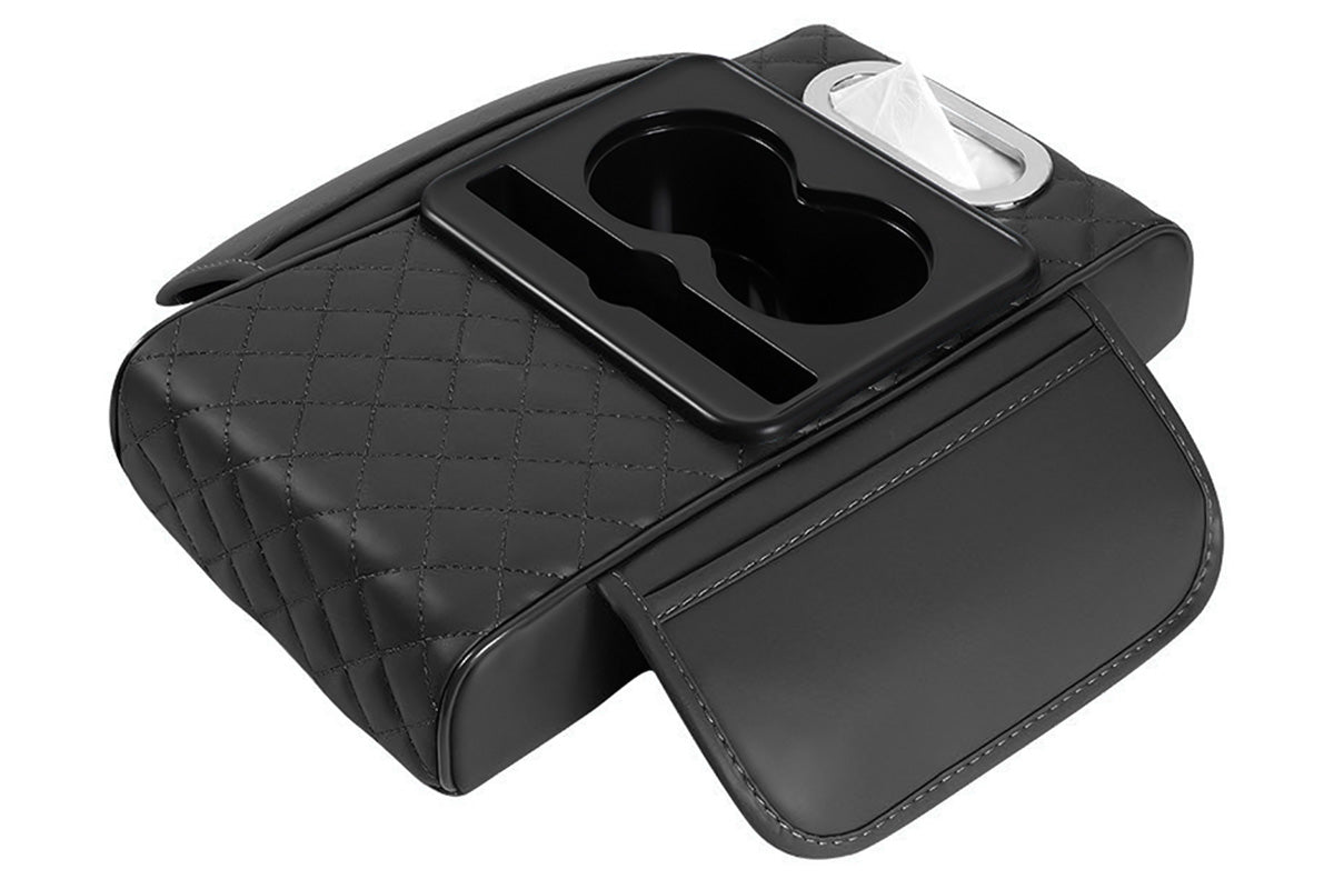Car Armrest Cushion Organizer with Cup Holder Center Console Booster Pad-Black