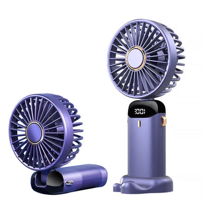 3-in-1 5 Speed USB Handheld Fan Mini Folding Digital Display Fan with Lanyard and Base Purple