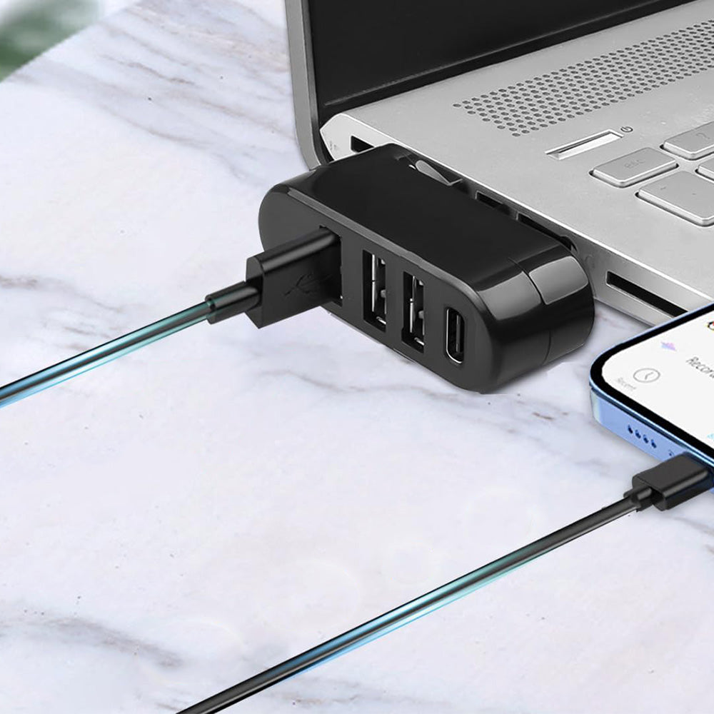 4-Port USB 3.0 Hub 180-Degree Rotating USB Splitter for Laptop Car Black
