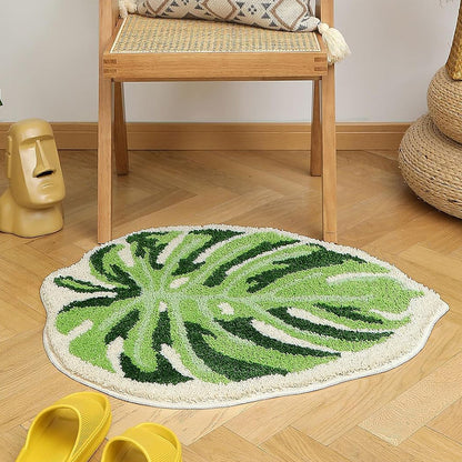 Faux Sherpa Bathroom Mat Monstera Leaf Design Non Slip Washable Rug for Bathroom Floor