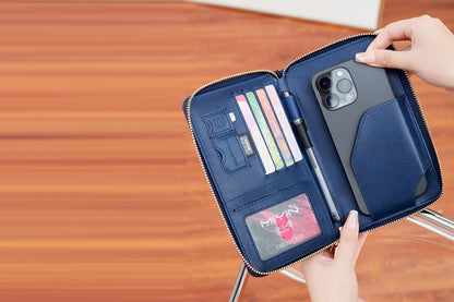 RFID Blocking Passport Wallet PU Document Organizer with Wristlet for Women -Blue