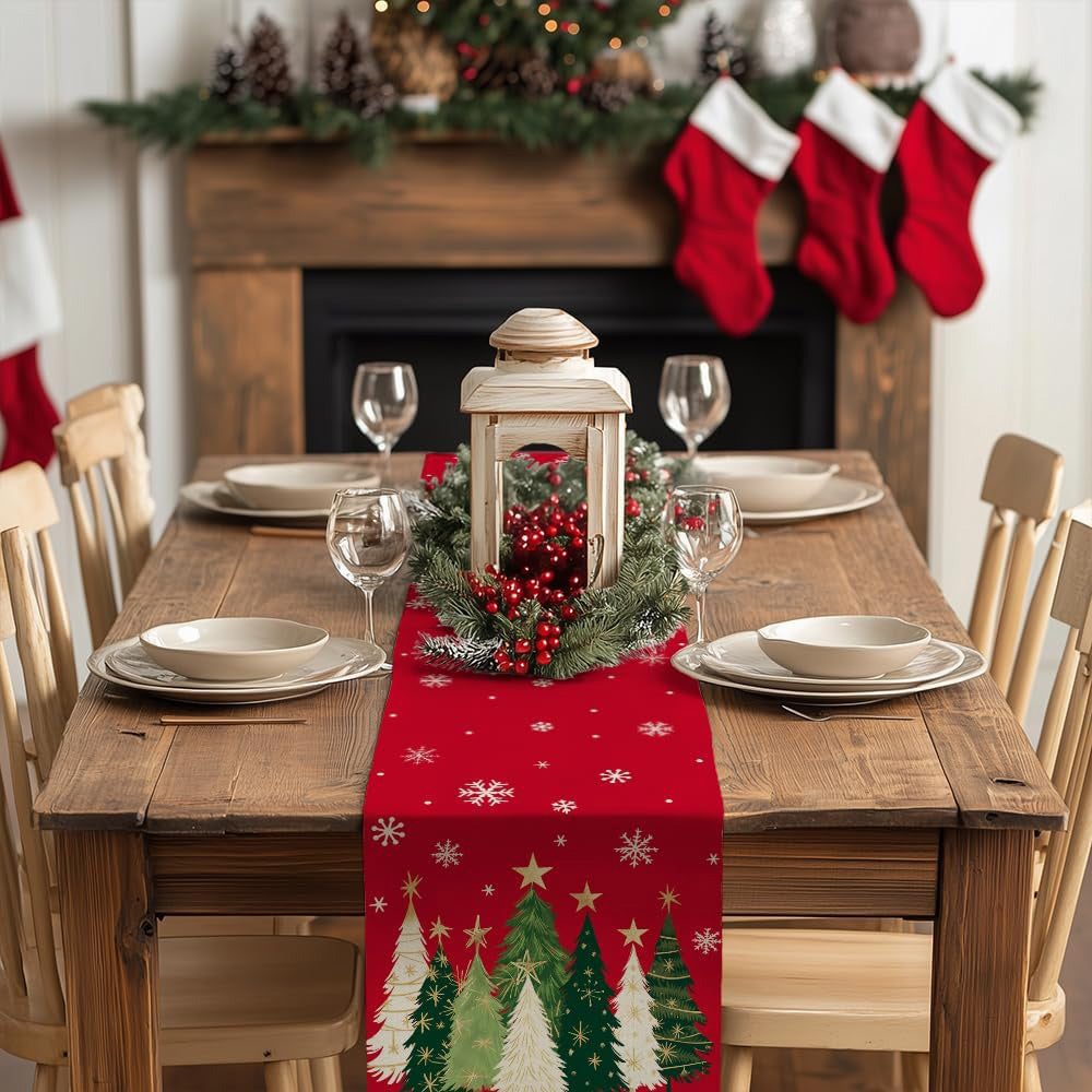 Christmas Table Runner with Xmas Trees Festive Tablecloth Cover for Kitchen Dinner Party Red