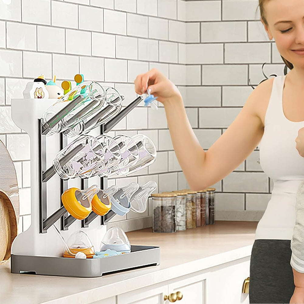 Detachable Bottle Drying Rack for 12 Bottles Space Saving Countertop Vertical Rack with Brushes Holder Grey