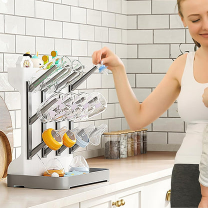 Detachable Bottle Drying Rack for 12 Bottles Space Saving Countertop Vertical Rack with Brushes Holder Grey