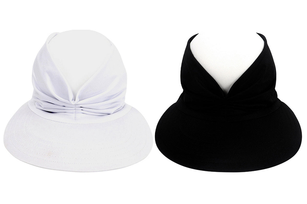 2Pcs Womens Elastic Beach Summer Sun Hats Wide Brim Visor UV Protection-Black And White