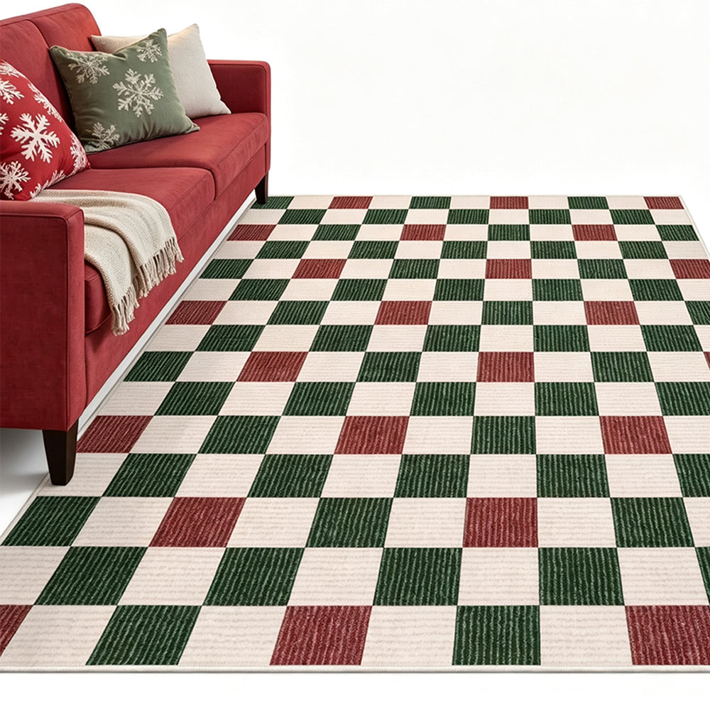 Christmas Plaid Short Pile Rug with Non Slip Rubber Backing - Red and Green