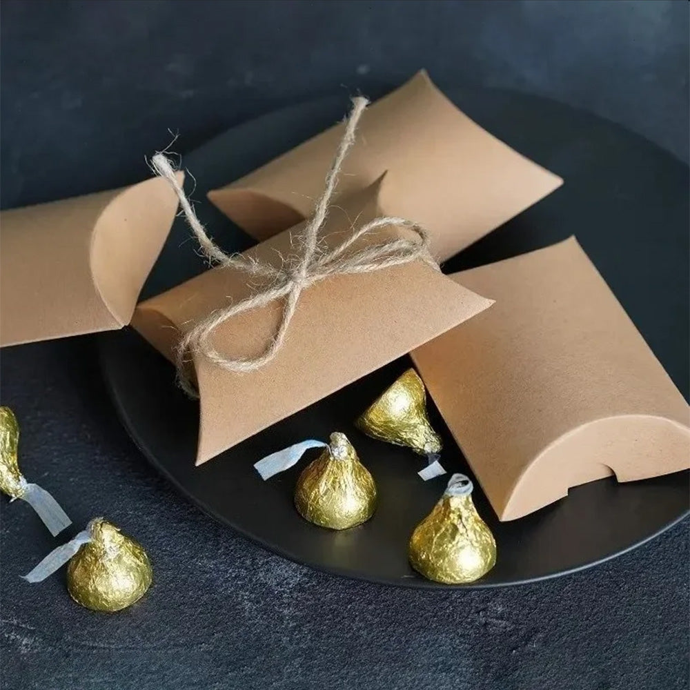 50 Piece Kraft Paper Pillow Gift Boxes with Ribbons - Brown