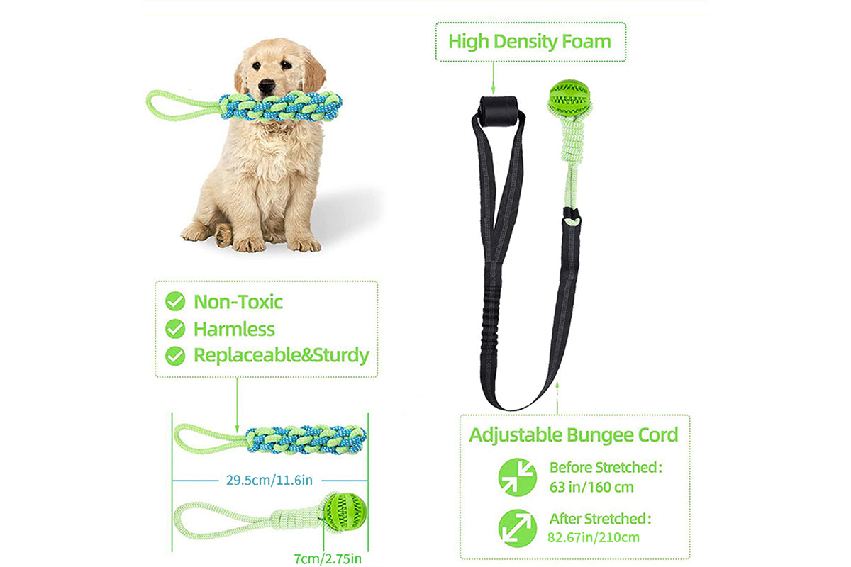 Interactive Dog Rope Toy with Elastic Bungee and Chew Ball for Indoor Outdoor Play-Green