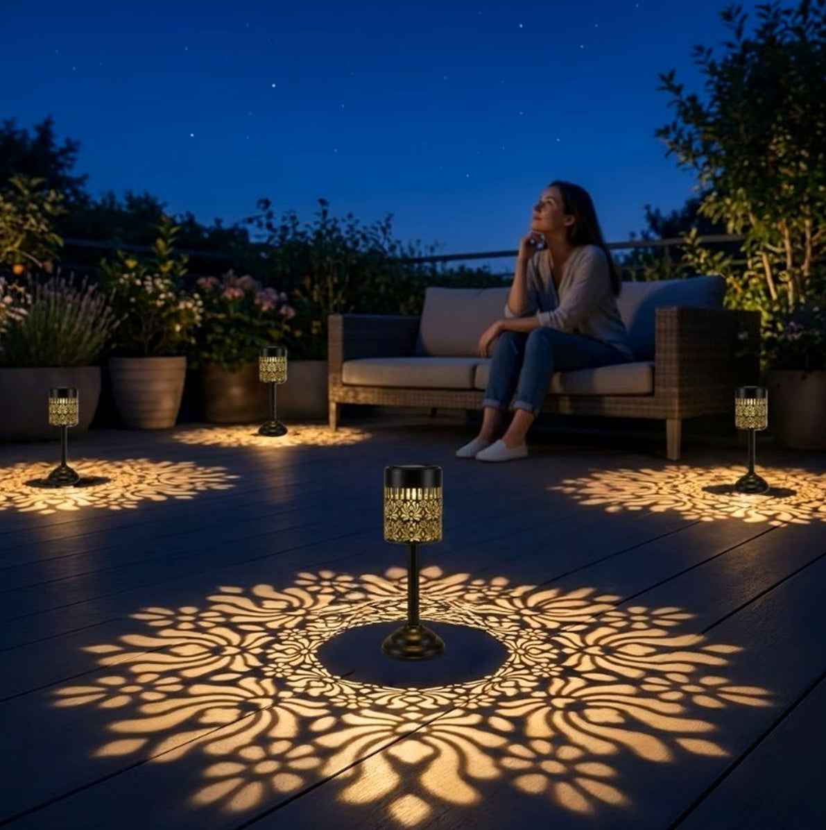 Outdoor Solar Cutout Metal Table Lantern for Patio and Garden - Warm White