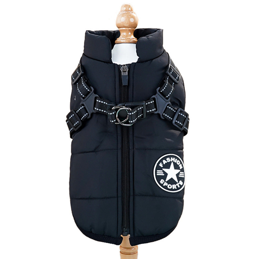 Pet Winter Jacket Padded Adjustable Warm Coats with Zipper (Black)