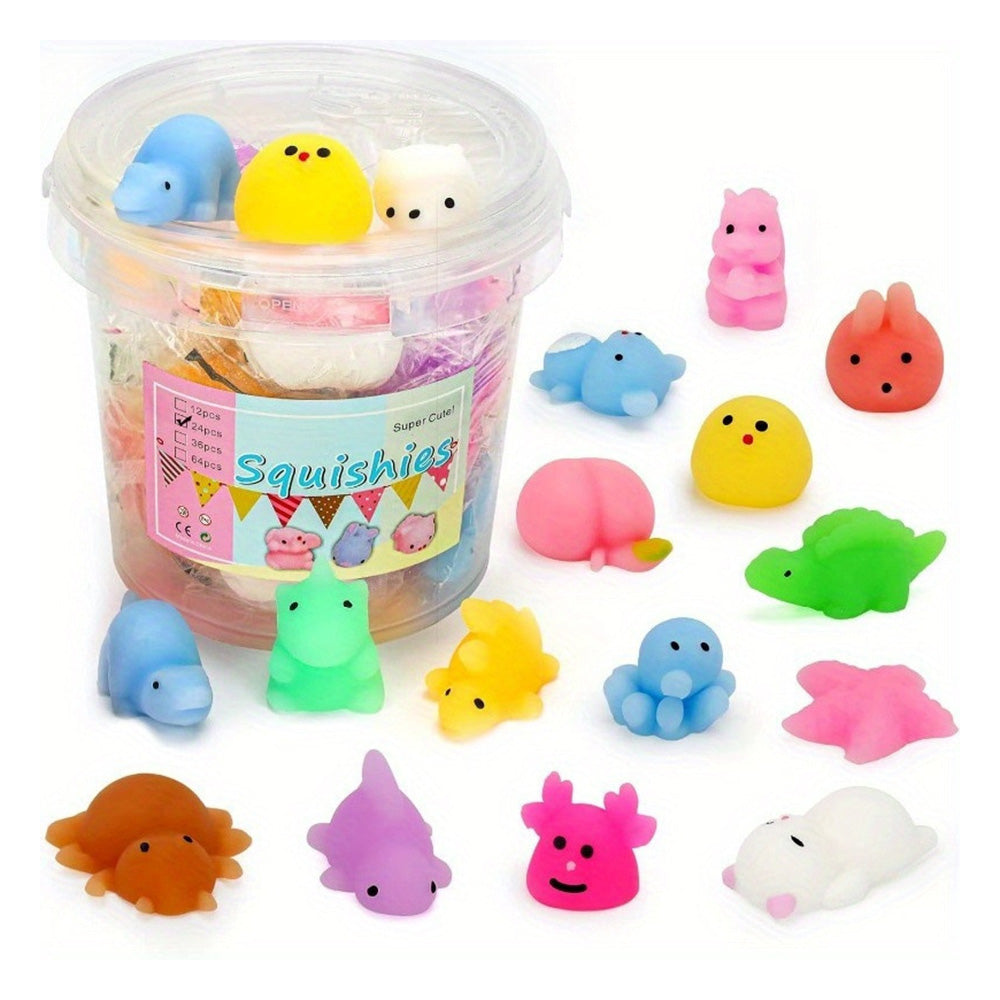 36Pcs Cute Animal Shape Soft Squeezable Toys with Storage Bucket Mochi Squishy Party Favors for Kids