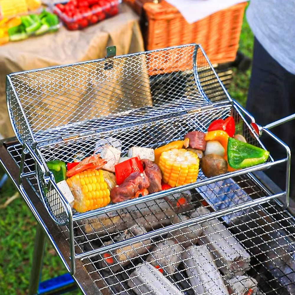 Rotating Stainless Steel BBQ Grill Basket with Stand and Handle